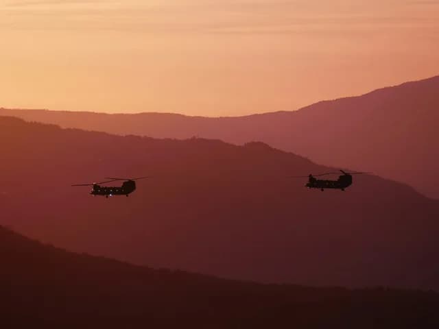 Two helicopters silhouetted against a dusk sky